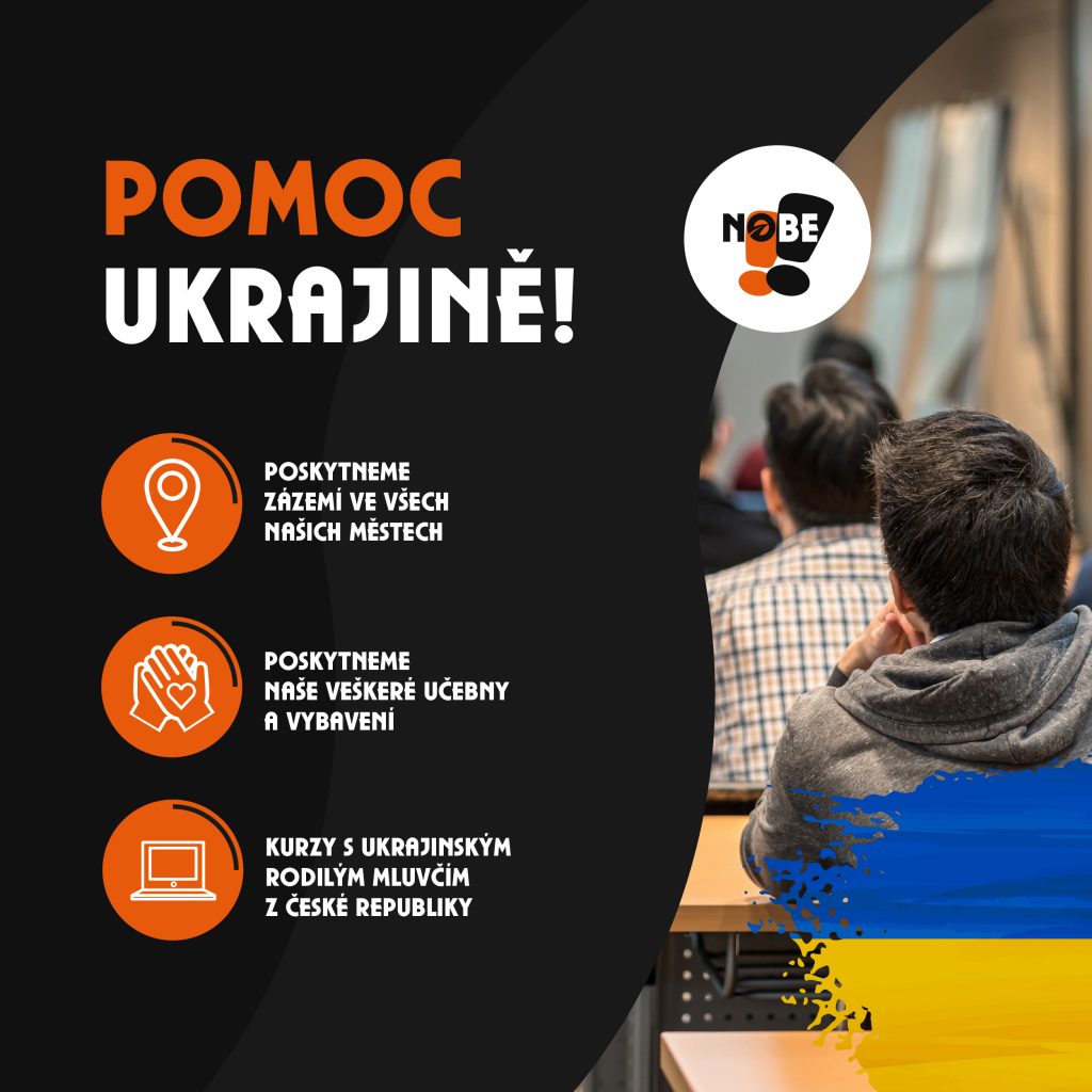 Banner autoškoly s výzvou pomoci Ukrajině.