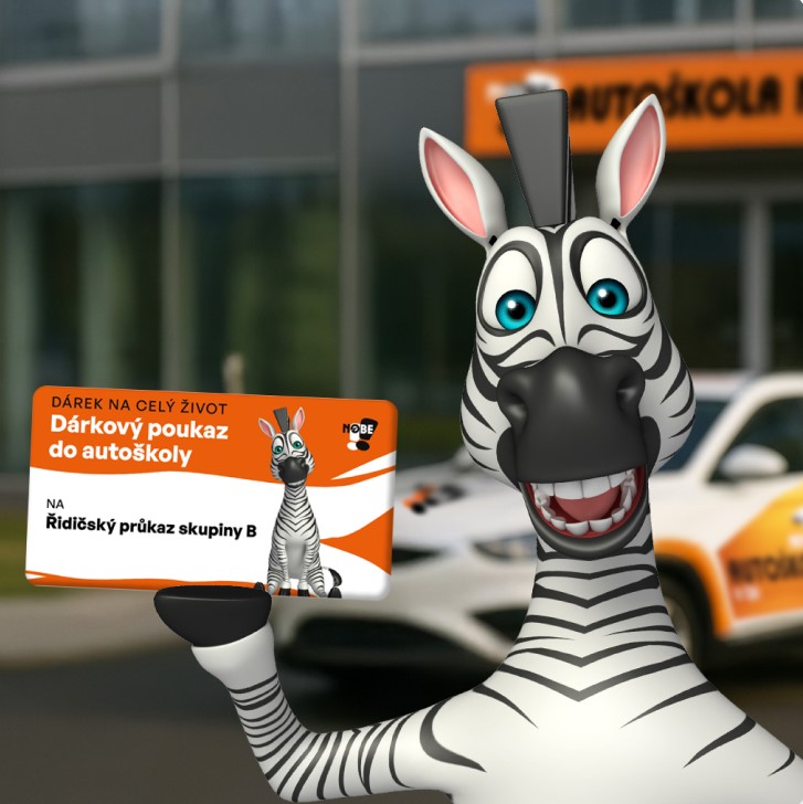 Maskot zebra autoškoly u přepážky.