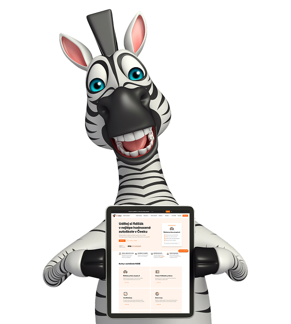 Maskot zebra autoškoly s online plánováním jízd.