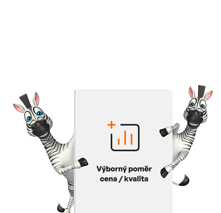 Maskot zebra s vizuálem ceníku – výborný poměr cena/kvalita.
