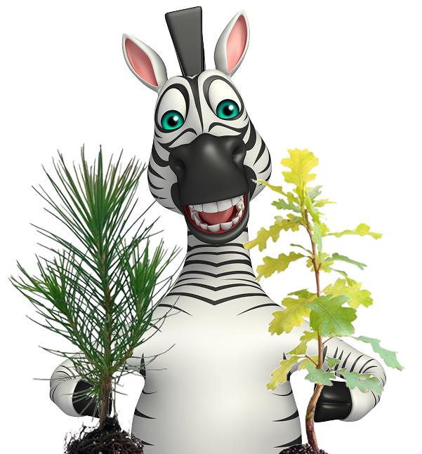 Maskot zebra autoškoly s rostlinou.