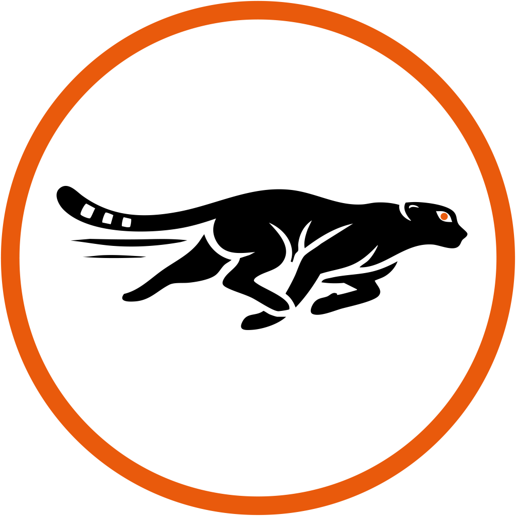 Stylizovaný emblém běžícího geparda v oranžovém kruhu.
