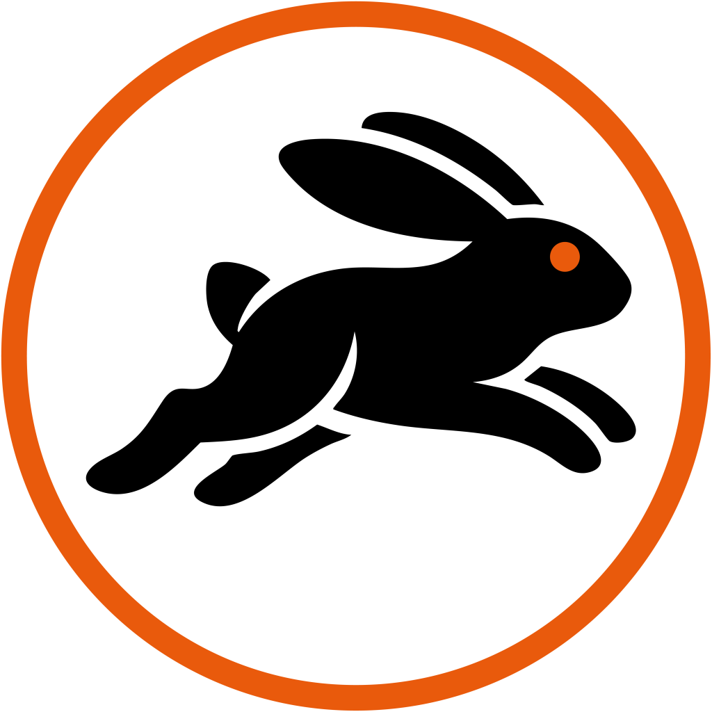 Stylizovaný emblém zajíce v oranžovém kruhu.