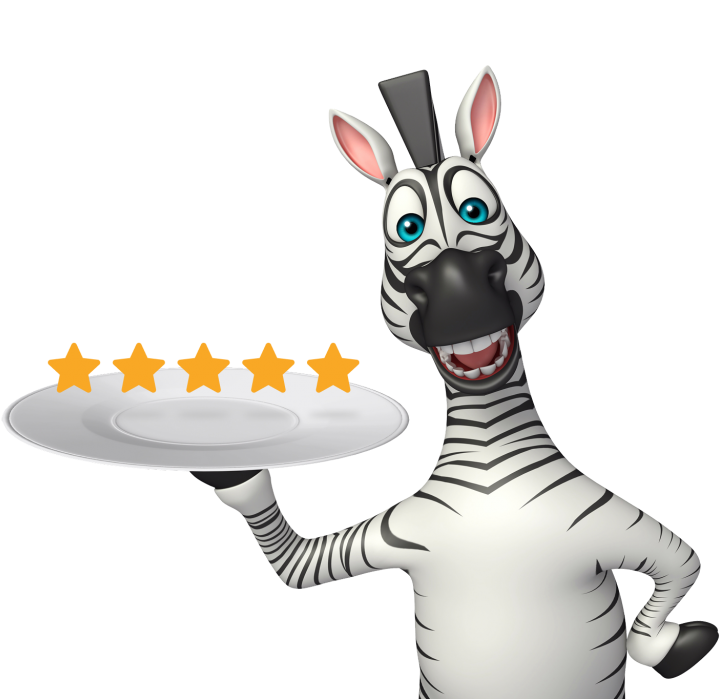 Maskot zebra NOBE s tácem a hvězdičkami hodnocení.