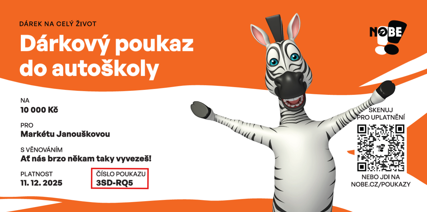 Náhled dárkového poukazu autoškoly NOBE s maskotem zebrou.