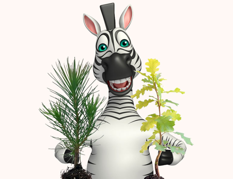 Maskot zebra autoškoly se sazenicemi stromků.