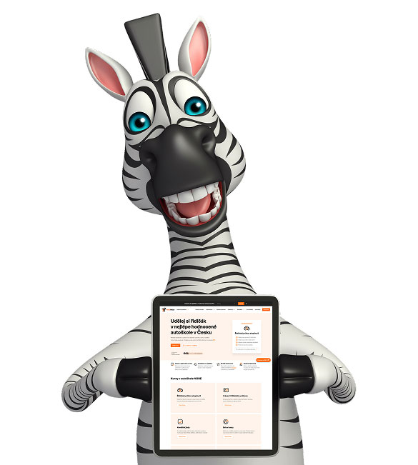 Maskot zebra autoškoly s tabletem a online plánováním jízd.