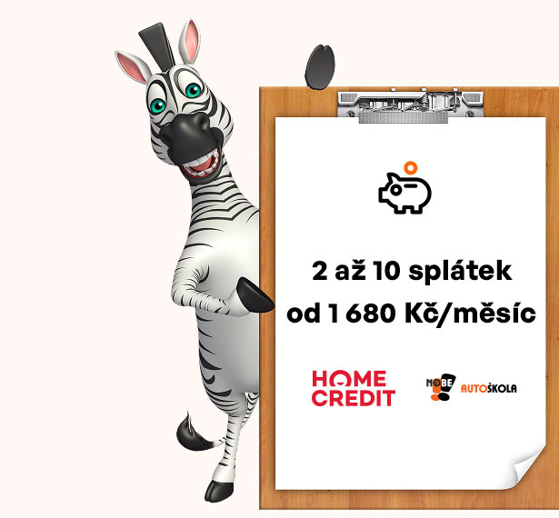 Maskot zebra autoškoly s nabídkou splátek od Home Creditu.