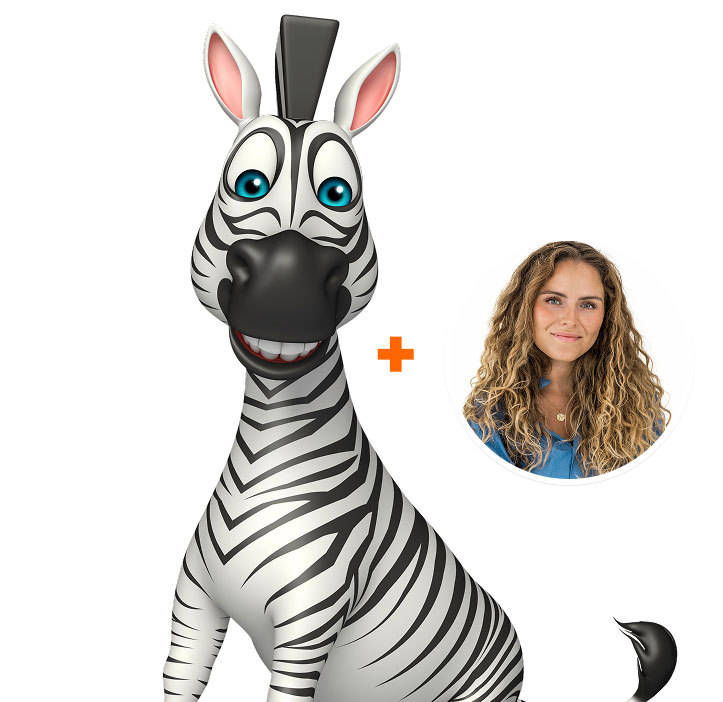 Maskot zebra autoškoly NOBE a portrét usmívající se ženy.