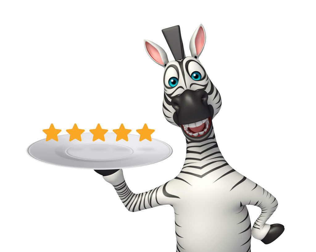Maskot zebra NOBE s tácem a hvězdičkami hodnocení.